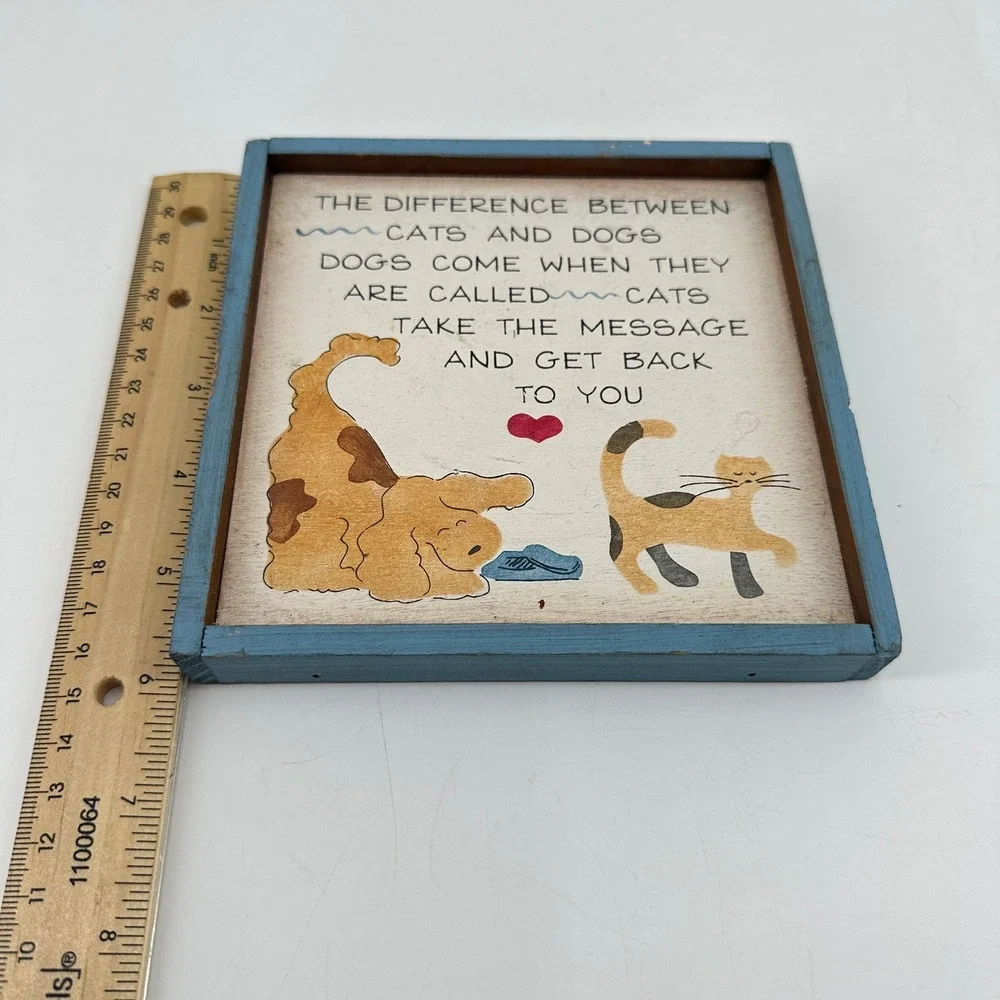 H & Co Enterprises Vintage Wood Wall Plaque Cats vs Dogs Quote Blue Frame 6x6